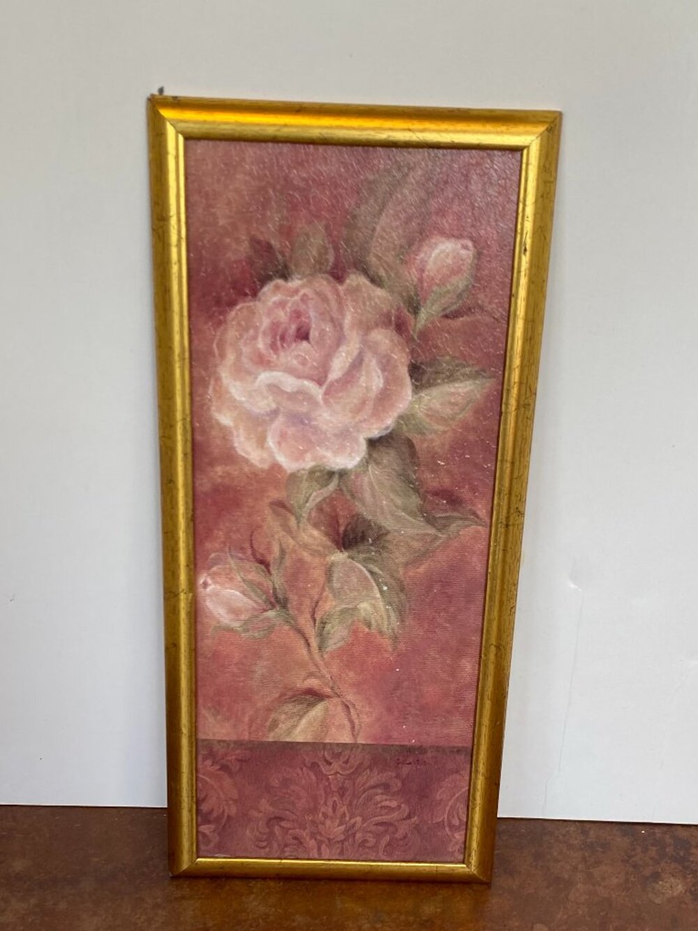 Vintage Pink Rose Roses Art Hand Embellished Print Canvas Painting 10'' x 5''